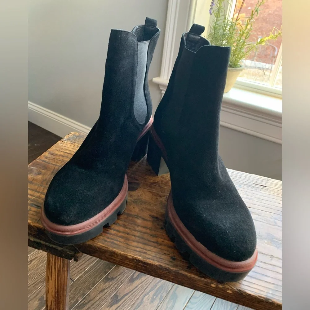 Antonio de Faria Black Leather Suede Pull On Chelsea Chunky Heel Fall Boot 9 1/2 - Picture 2 of 15